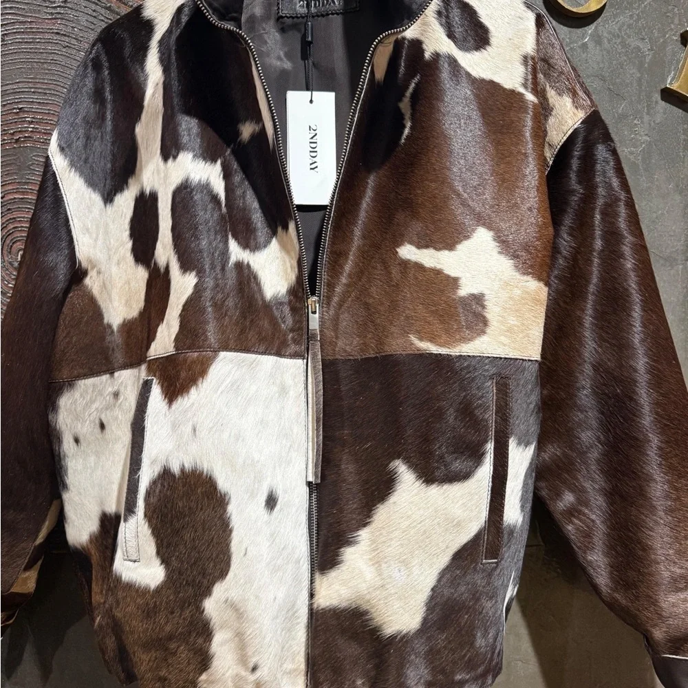 NWT Women's cow print calf hair western Brown and White genuine leather Jacket - Picture 9 of 15